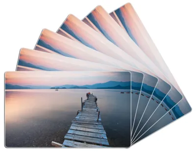 Produktbild von Wallario Frühstücksbrettchen 6er Set aus Glas, je 14 x 23 cm, mit rutschfesten Füßen, Motiv Steg am See- Idylle bei Sonnenuntergang