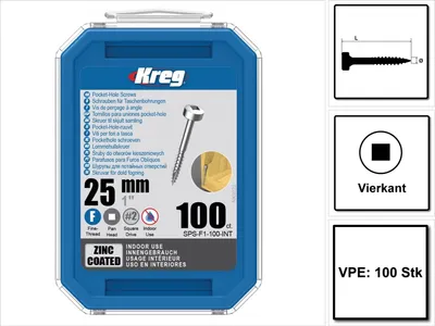 Produktbild von KREG Pocket-Hole Zylinderkopfschraube 25 mm 100 Stk. ( SPS-F1-100 ) Vierkant Antrieb Teilgewinde Feingewinde selbstschneidend verzinkt