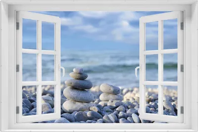 Produktbild von Wallario Wandbild mit Fenster-Illusion: Steinstapel am Strand, Größe: 61 x 91,5 cm, Poster mit rahmenlosen Bildhalter
