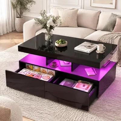Produktbild von INONEFT Couchtisch Hochglanz mit Beleuchtung, Wohnzimmertisch mit 3 Offenem Stauraum, Sofatisch Beistelltisch mit 2 Schubladen, Schwarz