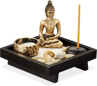 Productafbeelding van Zen tuintje, boeddha, stenen, zand, wierookstokjes & theelichthouder, ontspanning, Feng Shui deco, zwart