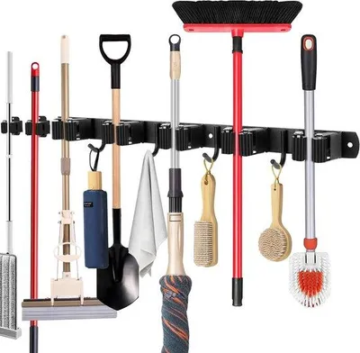 Image de Support mural pour outils de jardinage avec 5 crochets, 4 pinces et 2 crochets indépendants - Support mural en acier
