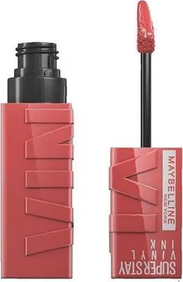 A Maybelline Superstay Vinyl Ink Liquid Lipstick is shown with its applicator.