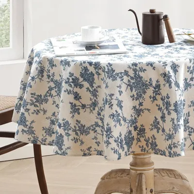 Productafbeelding van Tafelkleed, afwasbaar, rond, 120 cm, blauw, bloemendessin, katoen-linnen