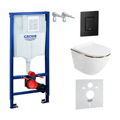 Produktbild von GROHE Vorwandelement Solido + Wand Hänge WC Sofi Slim Gold Line Spülrandlos + WC-Sitz SoftClose | Schwarzer Knopf | Komplettset | Unterputz Spülkasten | Toilette Komplett Sett