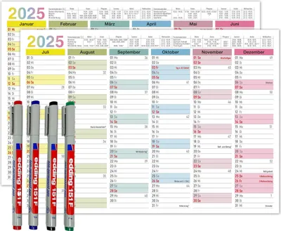 Produktbild von Abwischbarer Wandkalender 2025 A4 - "Bunt" Jahresplaner 2025 abwischbar, inkl. 4 Stifte. Tafelkalender 2025, Robuster Kalender A4