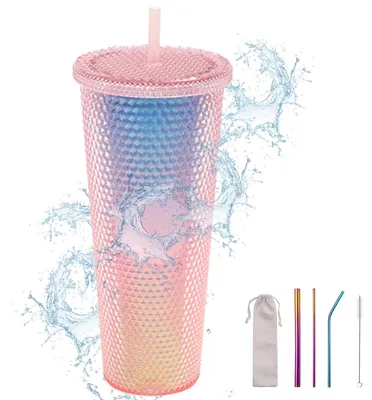 Produktbild von 710 ml wiederverwendbarer, doppelwandiger Trinkbecher aus Kunststoff mit Deckel und Strohhalm – Kühlbecher in Rosa
