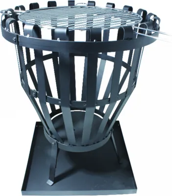 A black metal fire pit with a grill grate on top, shown on a white background.