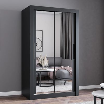 Schwebetürenschrank Kleiderschrank Schrank 120cm Schwarz/Schwarz mit zwei Spiegeln MILAN