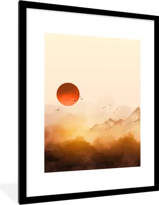 Produktbild von MuchoWow® Gerahmtes Poster Malerei - Sonne - Landschaft - Vögel 60x80 cm - Poster mit Schwarzem Bilderrahmen Wandposter Rahmen Foto Bilder - Wohnzimmer - Dekorationen - Prämie