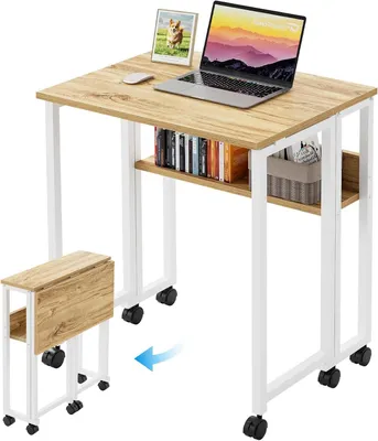Obrázek produktu pro Skládací psací stůl – malý pracovní prostor – pro práci z domova – s kolečky – 63 x 50 cm – béžová barva