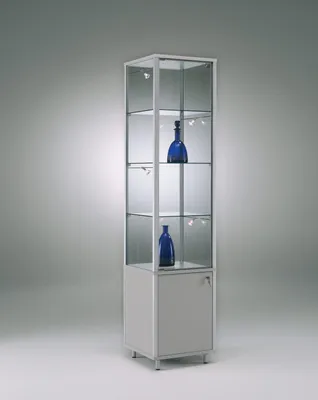 Produktbild von Vitrine mit Unterschrank C417M - 41,5 x 41,5 x 183 cm, auf Rollen / mit LED-Streifenbeleuchtung / Alu silber, Holz lichtgrau