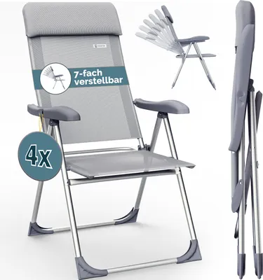 Collage of a gray folding chair, showing different angles and features.