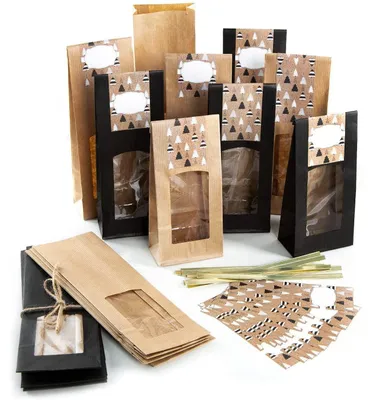 Produktbild von 20 Weihnachtstüten mit Fenster + Weihnachtsaufkleber zum Beschriften braun schwarz