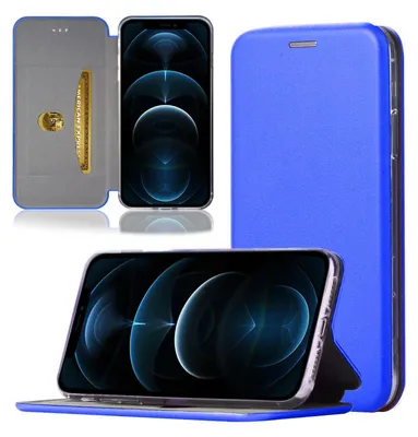 A collage of images showing a blue flip case for an iPhone 12 Mini, with different views of the case and the phone inside.