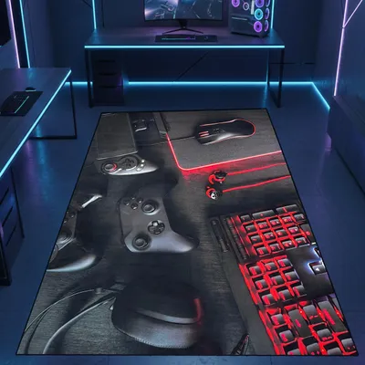 Produktbild von Epischer bedruckter Gaming-Teppich mit Konsole und Joysticks in elegantem Schwarz und leuchtendem Rot Größe - 120 x 170 cm