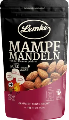 Produktbild von Lemke Mampfmandeln, 175g Vorratspack | Ganze Geröstete Mandeln, Ohne Salz & Öl – Knackiger Snack mit Vollem Aroma durch Feuerröstung