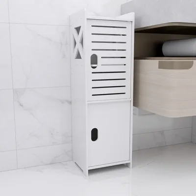 A white bathroom cabinet is shown in a bathroom setting.