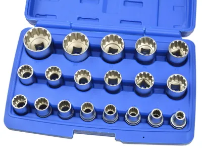 A set of socket wrenches in a blue plastic case.