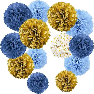 Produktbild von Pompons Deko Set in Ozeanblau und Gold, 13 Stück Hochwertige Partydeko