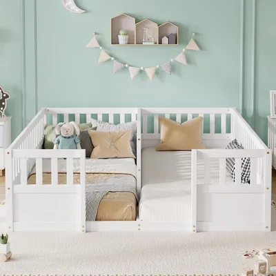 Imagen del producto de Estructura de cama doble de 2x90x200 cm, fabricada en madera de pino, ideal para familias con dos niños, con barandillas elevadas y acceso abierto, color blanco