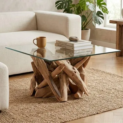 Produktbild von Individueller Teak Couchtisch TORA-eckig Glasplatte 80x80cm