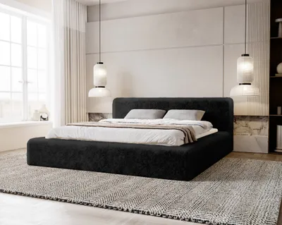 Obrázek produktu pro Čalouněná postel 140x200 Alros, manželská postel s podnožkou, Umělá kožešina (Černá - Lapit 19)