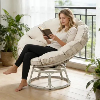 Obrázok produktu pre Ratanová otočná stolička s čalúneným vankúšom, okrúhly oceľový rám, lounge stolička, šírka 102 cm x výška 94 cm, nosnosť do 170 kg, na balkón, do záhrady, do obývačky, do spálne, krémovo-biela
