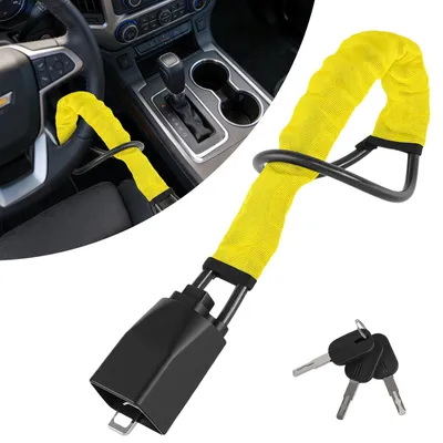 Obrázek produktu pro Zámek volantu pro auto – zámek pro upevnění volantu k bezpečnostnímu pásu – univerzální – robustní ochrana proti krádeži – 3 klíče – žlutá barva