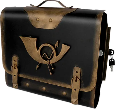 Produktbild von Briefkasten alter Ranzen Posthorn Antik-Look Design Schultasche Wandbriefkasten mit Zeitungsrolle abschließbar Handarbeit robust und praktisch - Farbe: Schwarz-Gold | Entnahme: Rechts