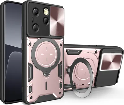 Produktbild von Handyhülle für Infinix Hot 40 / Hot 40 Pro 4G Dual-Layer Stoßfest Rüstung Hülle mit Dia Kameraschutz und Kreisförmig Ring Ständer Roségold