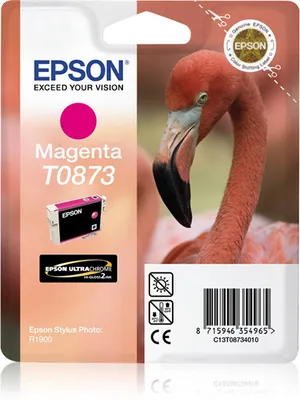 Produktbild von Epson Flamingo Singlepack Magenta T0873 Ultra Gloss High-Gloss 2, Standardertrag, Magenta, Tinte auf Pigmentbasis, 11,4 ml, 1 Stück(e), Einzelpackung