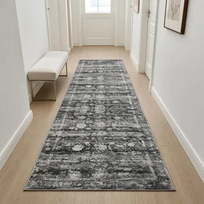 Immagine prodotto di Tappeto design grigio con motivo floreale e aspetto vintage. Dimensioni: 80 x 300 cm