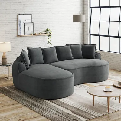 Produktbild von Modulares Ecksofa in L-Form, Chenille Stoff, Schaumstoff Polsterung, extra tiefe Sitzfläche, breite Armlehnen, Chaiselongue und Kissen, rahmenlos