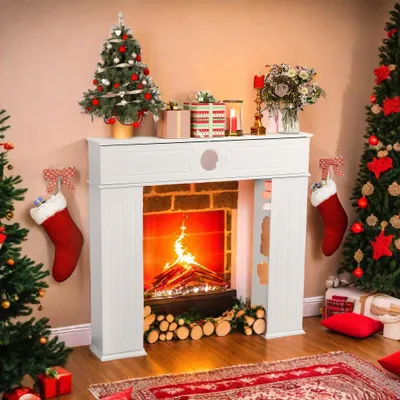 A Christmas-themed fireplace with decorations.