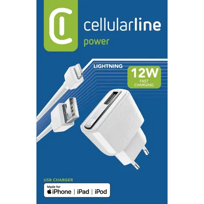 Produktbild von Cellularline USB Charger Kit 12W - Lightning - iPhone, iPad, iPod, Drinnen, AC, 1 m, Weiß