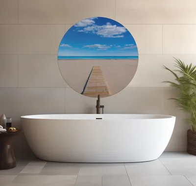 Produktbild von Wallario wasserfestes Poster selbstklebend 90 x 90 cm, Auf dem Holzweg zum blauen Meer, Badezimmerposter Spritzschutz mit Hochglanzoberfläche in Glasoptik