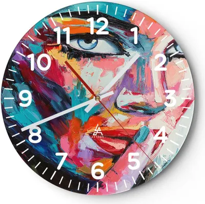 Produktbild von Wanduhr - Rund - Glasuhr - Mädchen Gesicht - 40x40cm - Schleichendes Uhrwerk - Lautlos - zum Aufhängen bereit - Dekoration Modern - Wanddekoration aus Glas - C4AR40x40-3444