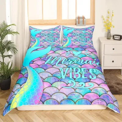 Productafbeelding van Beddengoedset Meerjungendthema, 220x240 cm, 2 kussenslopen 80x80 cm, microvezel, regenboog- en vissschaalmotief