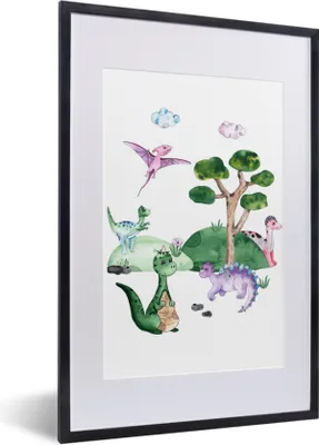 Produktbild von MuchoWow® Gerahmtes Poster Kinderzimmer - Dinosaurier - Weiß - Jungen - Mädchen - Kinder 40x60 cm - Poster mit Schwarzem Bilderrahmen Wandposter Rahmen Foto Bilder - Poster in Rahmen