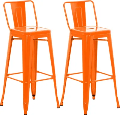 Two orange bar stools with backs are shown against a white background.
