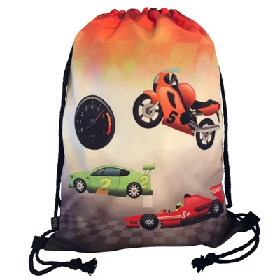 Immagine prodotto di HECKBO Sacca sportiva per bambini con motivo auto da corsa e moto | Sacca palestra per bambini e bambine | Sacca con coulisse per scuola e sport