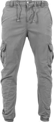 A pair of gray cargo jogging pants shown from the front.