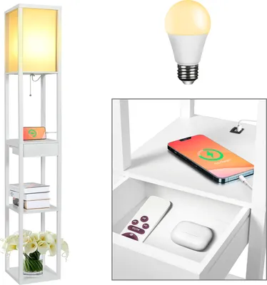 Obrázek produktu pro Puluomis 3úrovňová stojací lampa stojací lampa 160cm E27 interiérové osvětlení dřevo se 2 USB porty, s 8W žárovkou, bílá