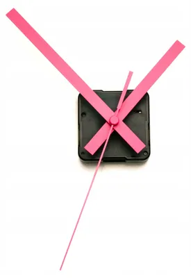 A close-up shot of a clock mechanism with pink hands against a white background.