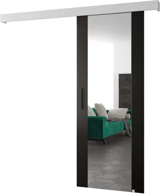 A sliding door with a mirror reflecting a living room interior.