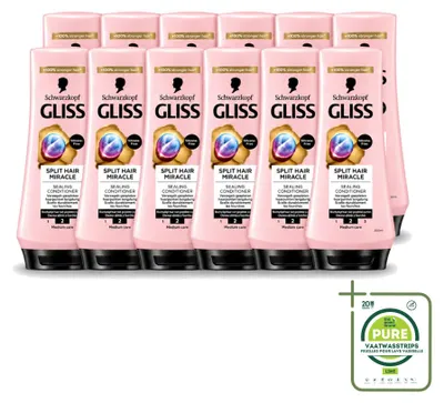 Immagine prodotto di 12 confezioni di balsamo riparatore per capelli danneggiati Gliss, formato da 200 ml ciascuna. Confezione grande, composta da 12 pezzi