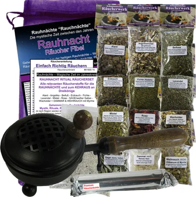 Produktbild von RAUHNÄCHTE Räuchern & Ausräuchern 19-tlg Ritualset - 12x Räucherwerk für jede Rauhnacht mit SAGE + WEIHRAUCH + MYRRHE + DAMMAR uvm. 7x ZUBEHÖR mit Räuchergefäß & Rauhnacht-Fibel.