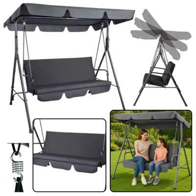 Image de Balançoire de jardin pour trois personnes avec coussin et matelas, gris