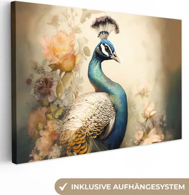 Produktbild von MuchoWow® - Leinwandbilder - Pfau - Pfauenfedern - Blumen - Botanisch, Wandbild, Wanddeko Bilder Wohnzimmer, 90x60 cm